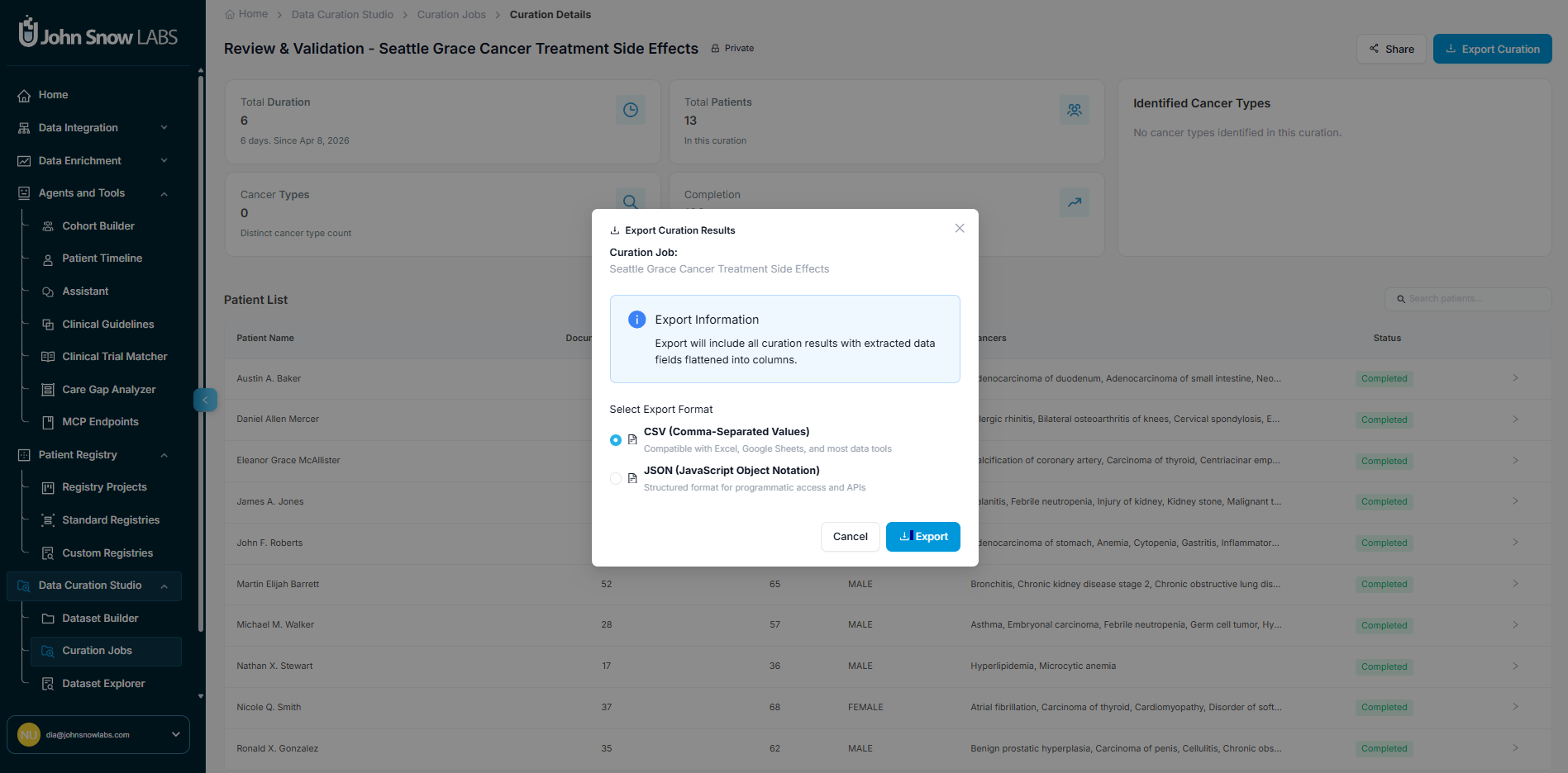 Custom Registry Export — export dialog showing full cohort and individual patient export options with JSON format selection and provenance metadata included in the output